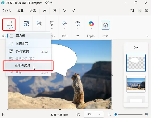 「透明の選択」にチェックマークが表示されていない状態にする